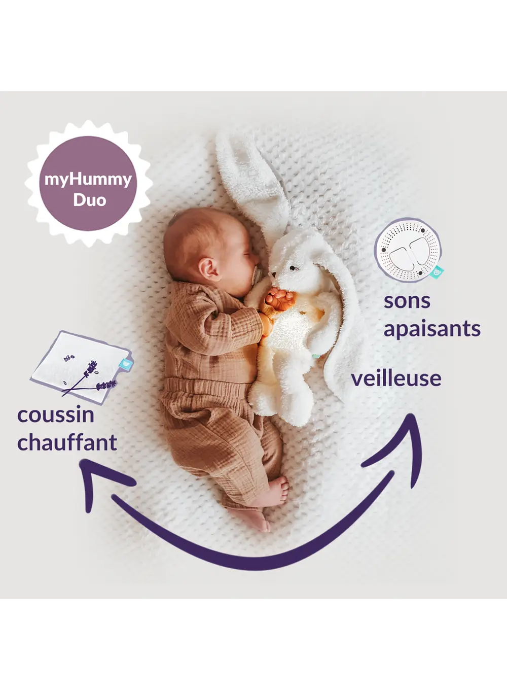 MyHummy® 5en1 avec coussin chauffant - Lapin oreille GRISE